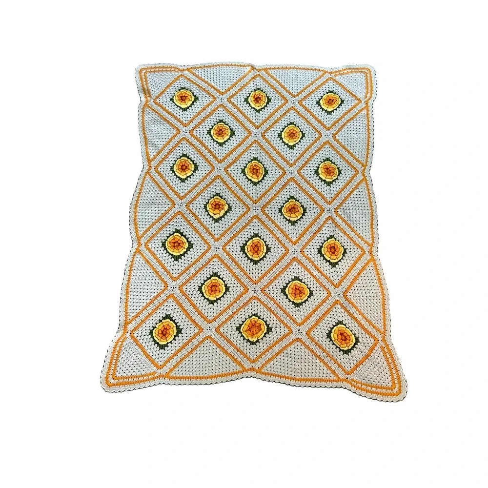 Handmade Crochet Afghan Blanket 60x45 3D Yellow Orange Floral Granny Throw